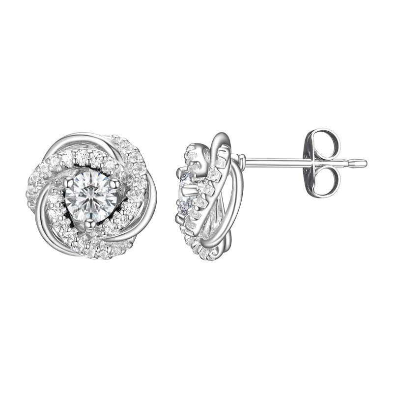 Sterling Silver Love Knot Stud Earrings with White Sapphire - Gift for Women