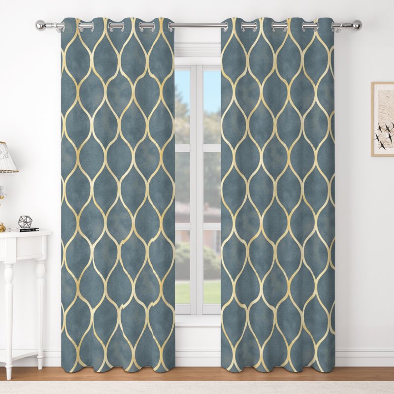 Blackout Grommet Curtains with Geometric Gold Design - Insulated Room Darkening Drapes