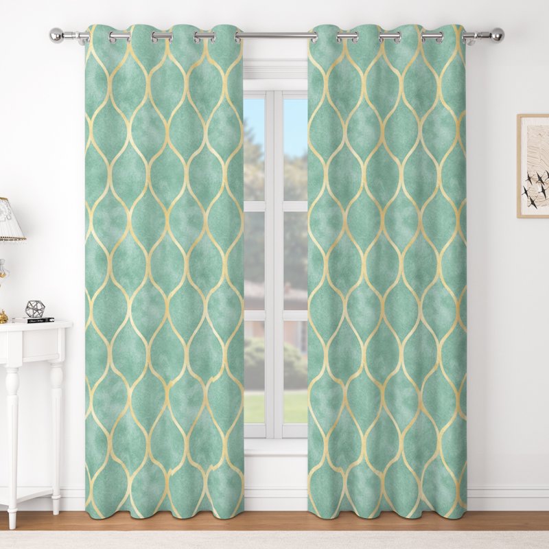 Blackout Curtains with Gold Geometric Design - Insulated Room Darkening Drapes
