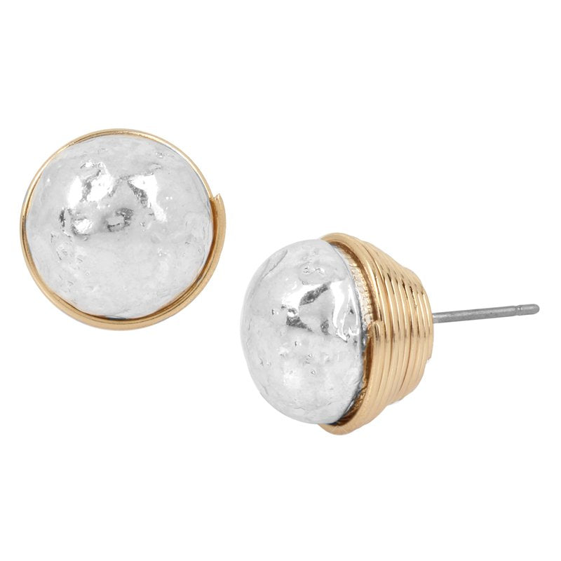 Silver-Tone Bead Stud Earrings with Hammered Texture and Gold Wire Detail