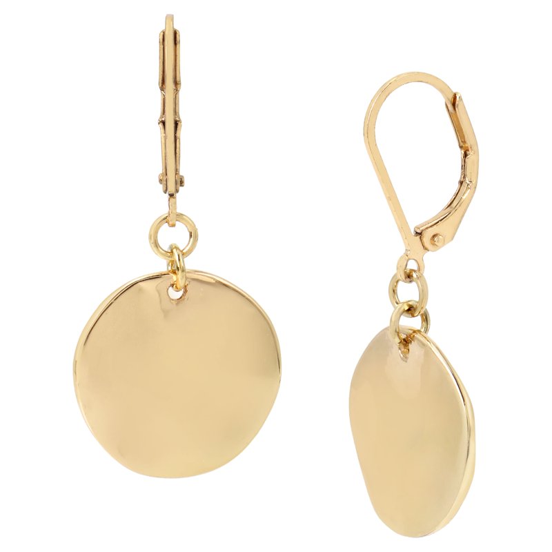 Gold Drop Earrings 1.5 Inch - Sculptural Disc Design with Lever Back