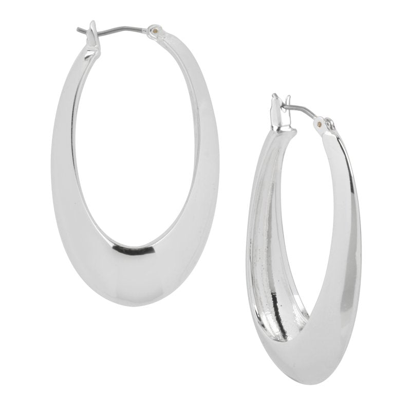 Silver Oval Hoop Earrings - Sculptural Statement Jewelry