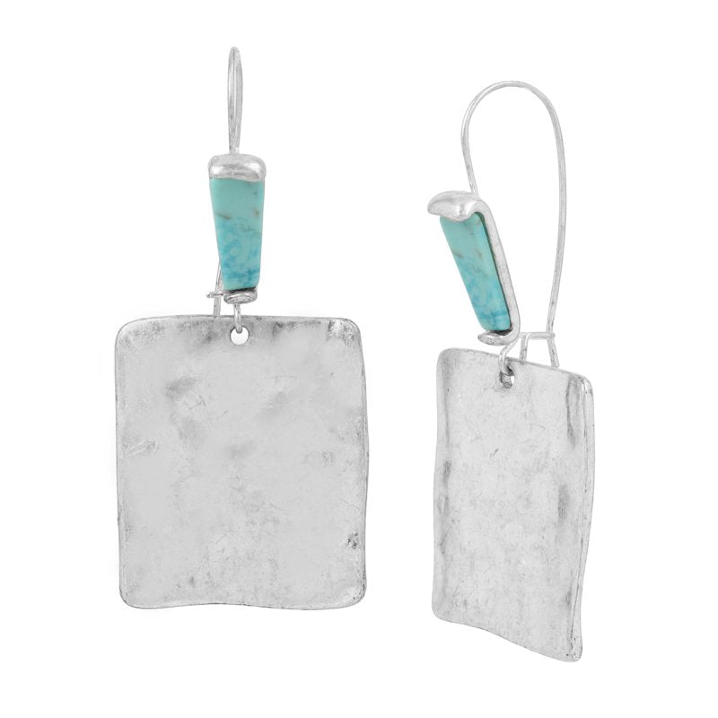 Square Dangle Earrings with Turquoise Accent - Silver Tone Jewelry