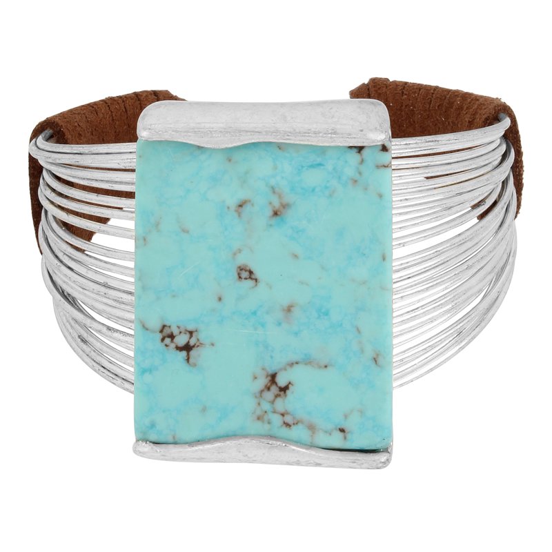 Multi-Row Stone Cuff Bracelet with Turquoise & Silver Tone Metal