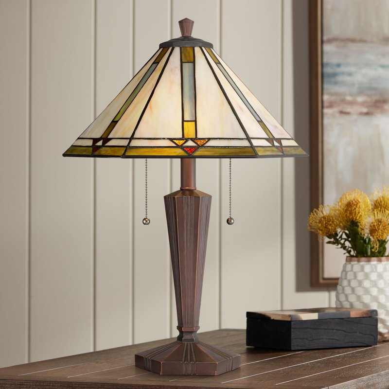 Traditional Tiffany Style Mission Accent Table Lamp - Bronze & Art Glass Shade
