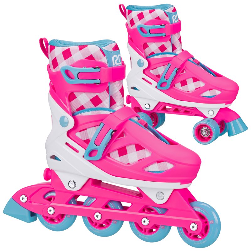 2-in-1 Roller & Inline Skates for Girls - Adjustable Sizes, Gingham