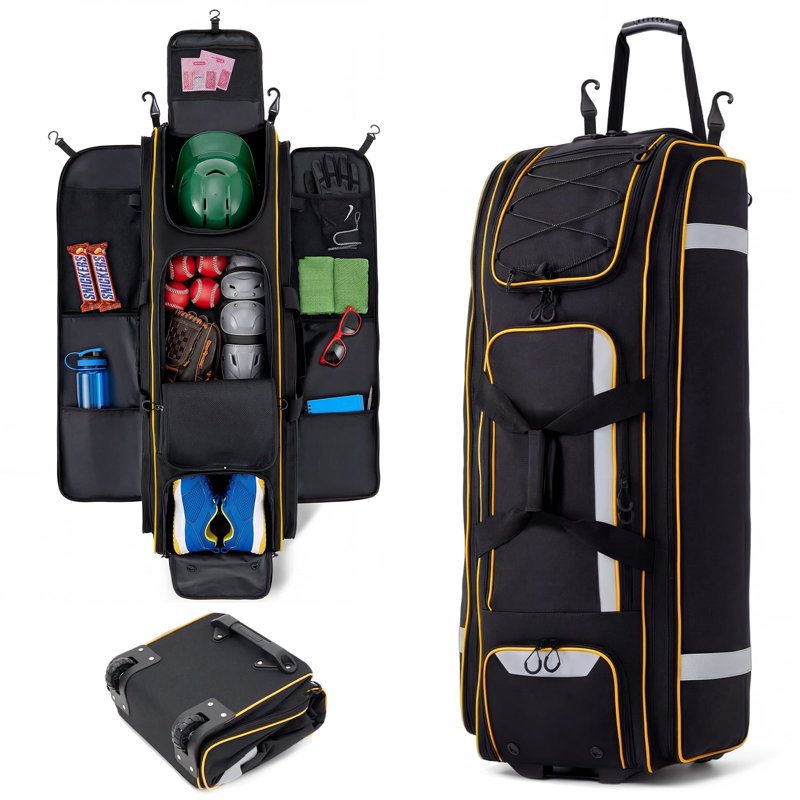 Large Rolling Baseball & Softball Equipment Bag with Wheels, 100L Capacity, Multiple Compartments & Hooks