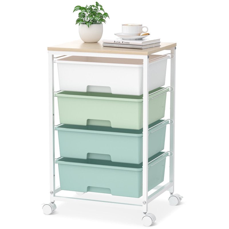 Rolling Storage Cart with 4 Drawers and Wooden Top - Multi-Purpose Organization