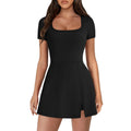 Women's Athletic Tennis Dress with Built-in Shorts & Pockets - Square Neck Short Sleeve Activewear