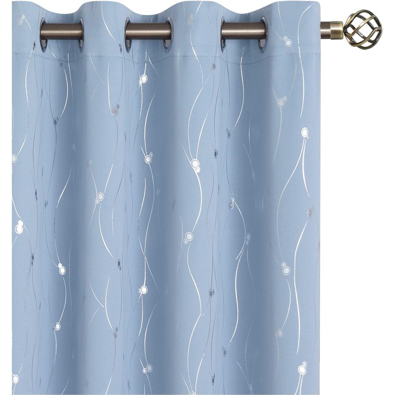 Room Darkening Insulated Blackout Curtains with Silver Dot Print - Light Blue, 2 Panels, 72 Inch Length
