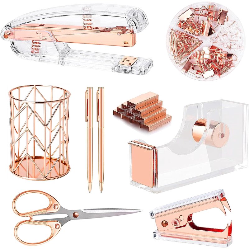 Rose Gold Desk Organizer Set with Stapler Pen Holder Scissors & Staples
