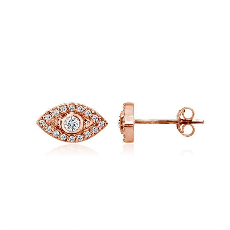 Rose Gold Sterling Silver CZ Evil Eye Stud Earrings - Dainty Jewelry