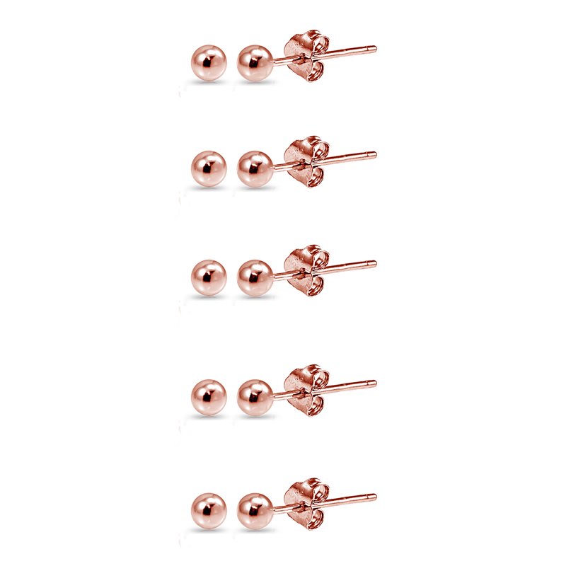 Sterling Silver 2mm Ball Stud Earrings Set of 5 - Rose Gold & Yellow Gold Options