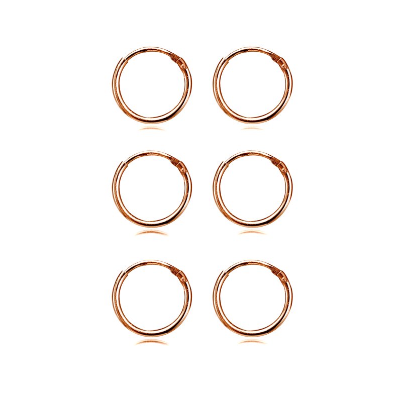 Set of 3 Silver and Rose Gold Tone Hoop Earrings 10mm & 1.2mm Sizes