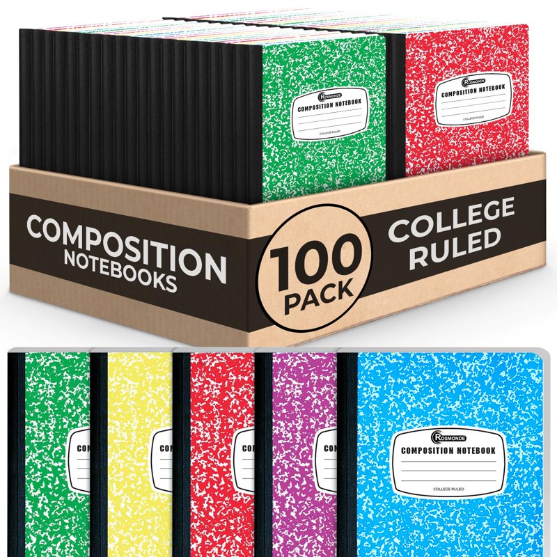 Bulk Composition Notebooks Assorted Marble Covers 100 Pack - College Ruled, 200 Pages