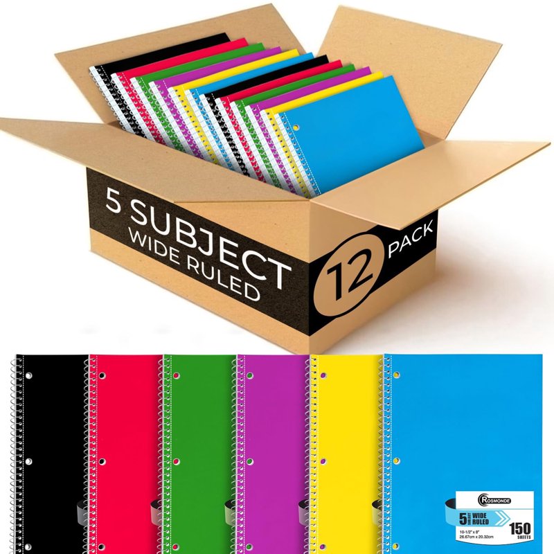 12 Pack Wide Ruled Spiral Notebooks 5-Subject, 300 Pages, Soft Cover, Assorted Colors
