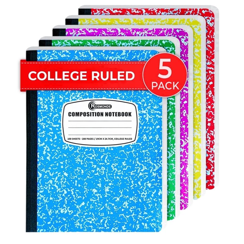 5 Pack College Ruled Composition Notebooks - 200 Pages, Durable Cover, Assorted Colors