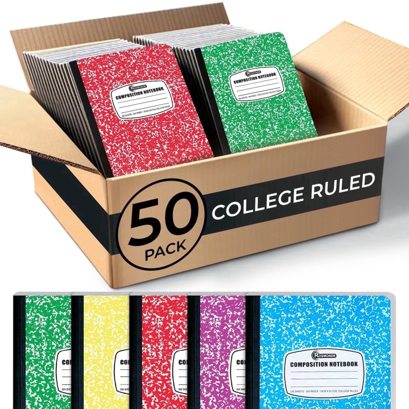 50 Pack College Ruled Composition Notebooks - Assorted Marble Colors, Durable Sewn Binding