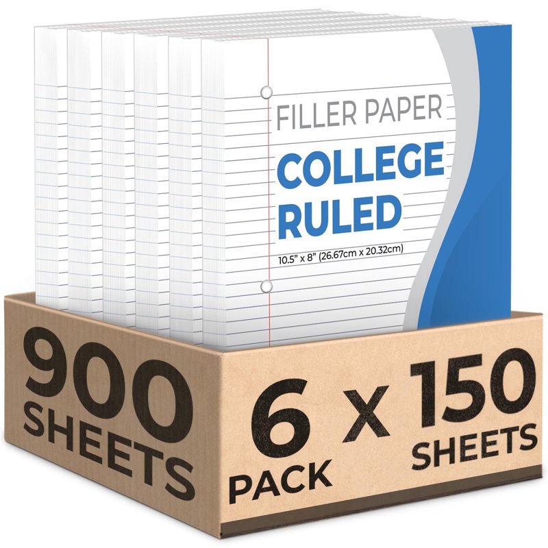 Loose Leaf Paper 6 Pack - College Ruled 8x10.5 Inch, 3-Hole Punched for Binders
