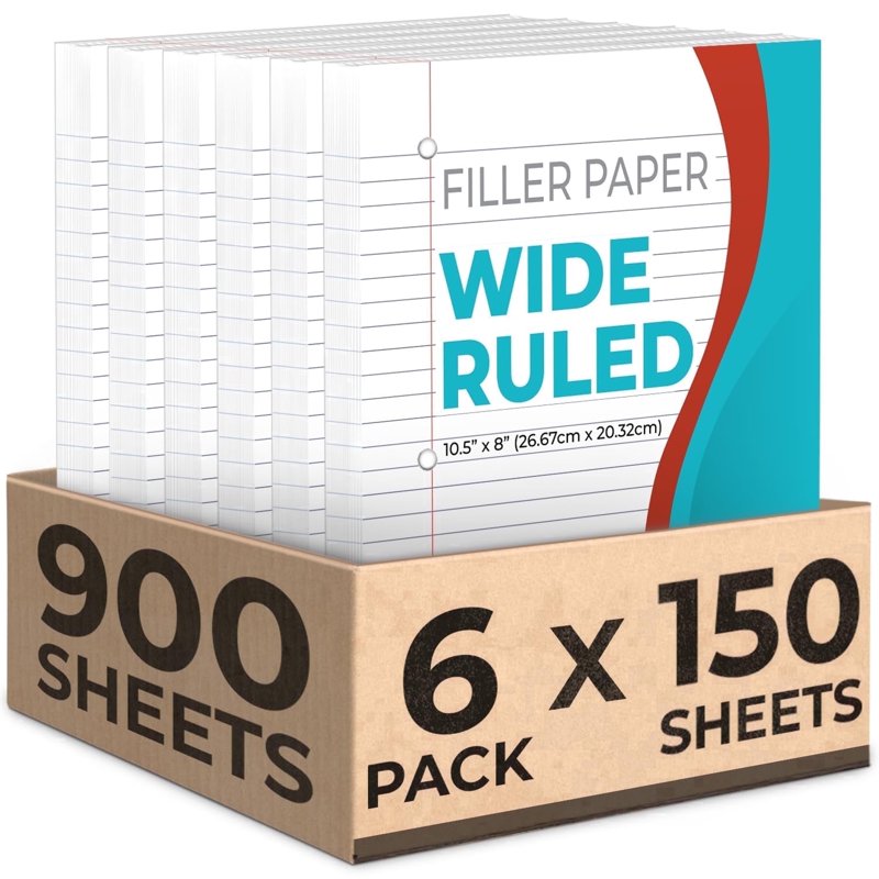 Wide Ruled Notebook Paper 900 Sheets Bulk Pack for Binders, 8x10.5