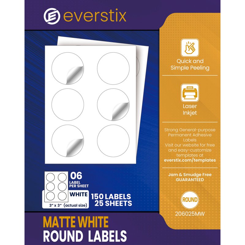 Printable 3-Inch Round Labels - 150 White Sticker Sheets for Laser & Inkjet Printers