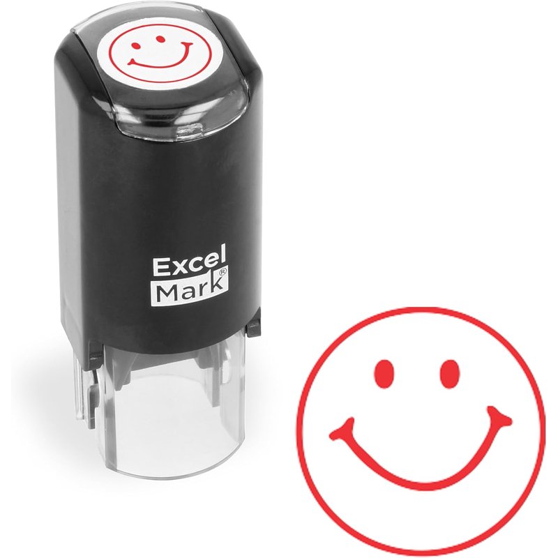 Round Teacher Stamp Smiley Face 1 - Refillable Red Ink Office Stamp