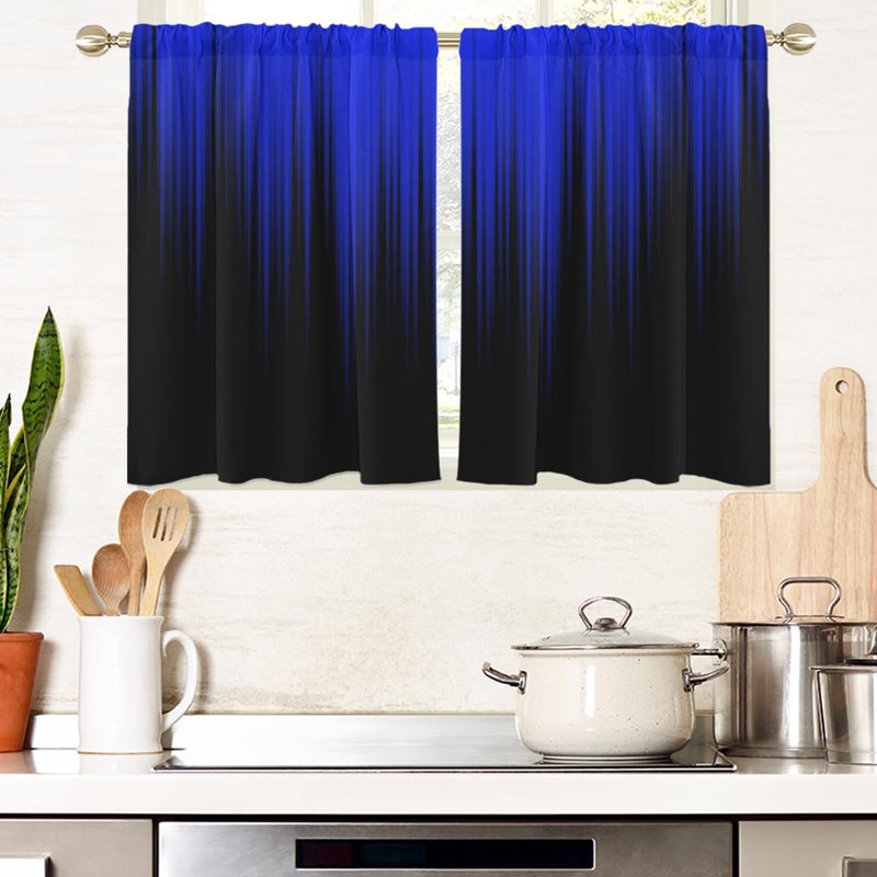 Royal Blue Window Curtains for Kitchen Bedroom Living Room Ombre Short Drapes - 1 Pair