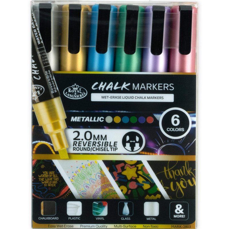 Metallic Chalk Markers Set - 6 Color Liquid Chalk Pens for Whiteboards & Glass