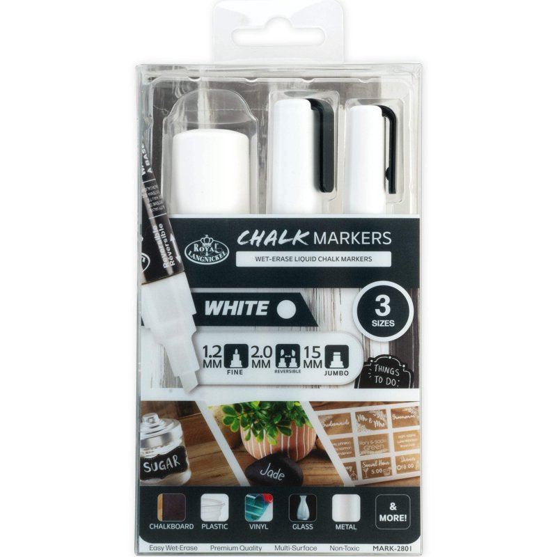 White Chalk Markers Set with Variable Tips - 3 Pack for Art & Craft
