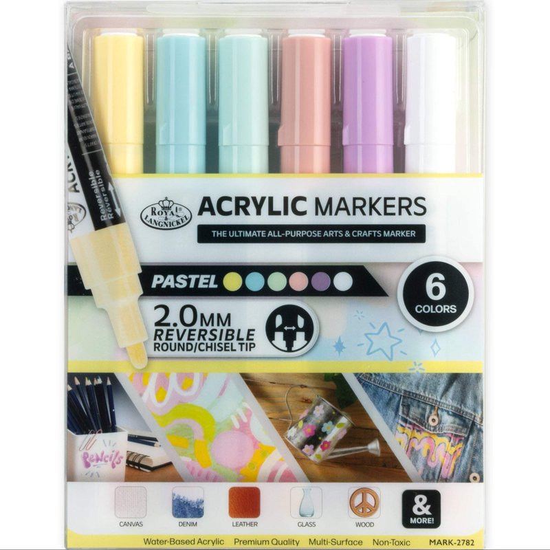 Pastel Acrylic Markers - 6 Vibrant 2mm Reversible Tip Art Markers