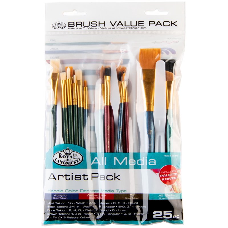 All Media Art Brushes Set - 25 Assorted Shapes & Sizes for Painting, Shading & Blending