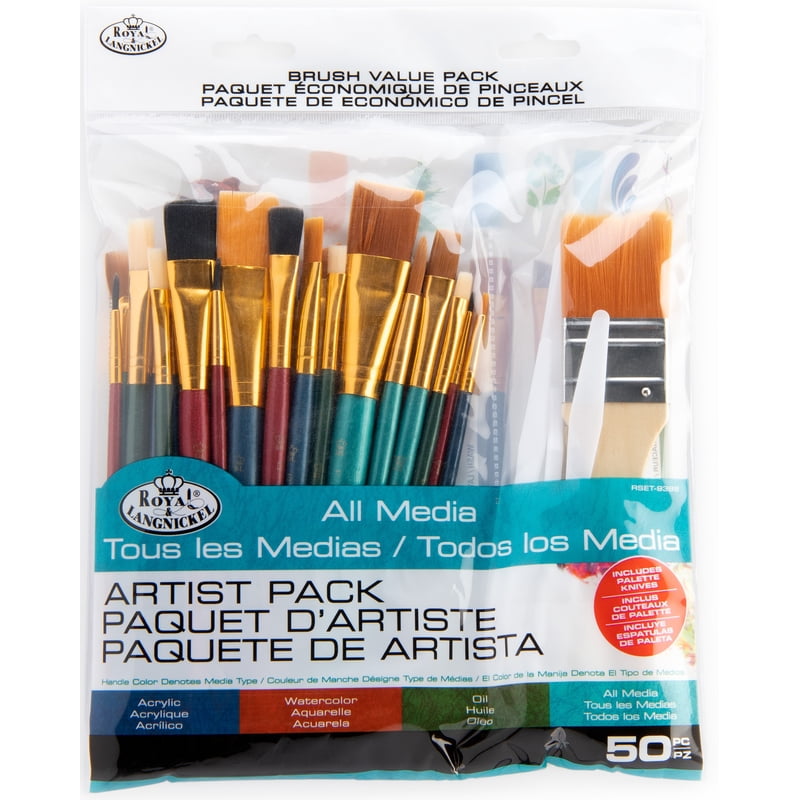 All Media Art Brush Set 50 Pieces - Assorted Shapes & Sizes for Painting