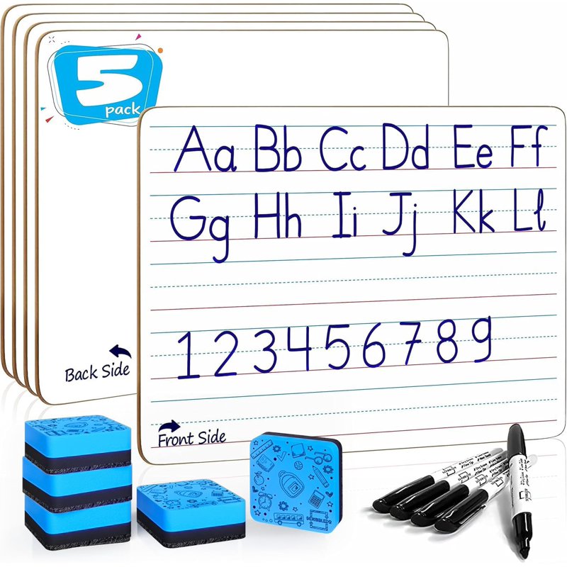 Lined Dry Erase Boards Set of 5 | 9x12 Inch Reusable Whiteboards with Markers & Erasers