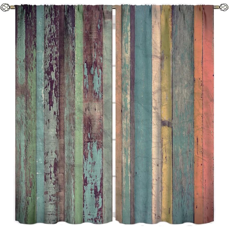 Vintage Style Window Curtain Panels with Wooden Board Design - Room Darkening, 2 Panels
