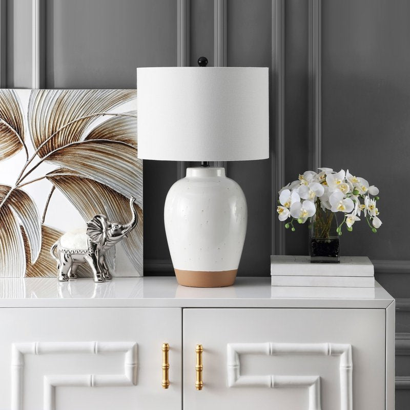 Mid-Century Table Lamp - Ivory Ceramic with White Drum Shade, 27.5 in.
