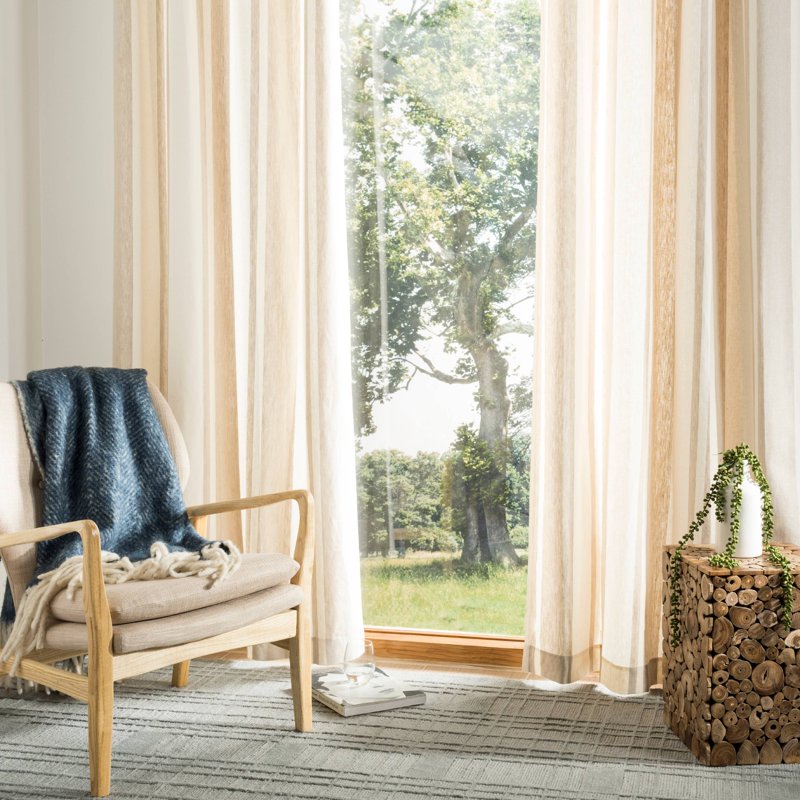 Semi-Sheer Linen Grommet Curtain Panel 52x96 Inches Natural White Stripe