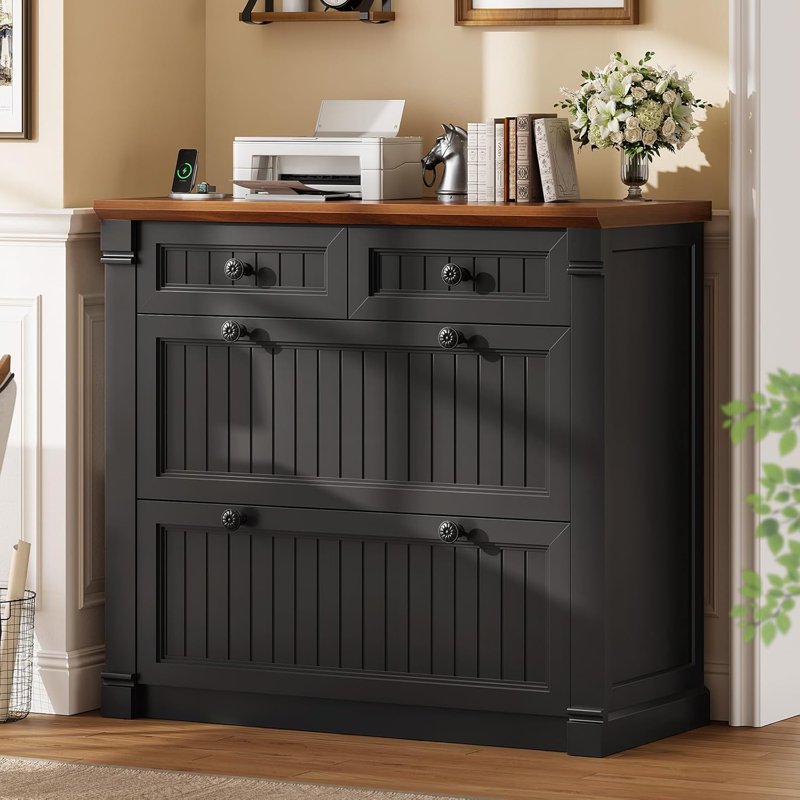Farmhouse 4-Drawer File Cabinet with Power Outlets, Black and Brown Wood Office Storage