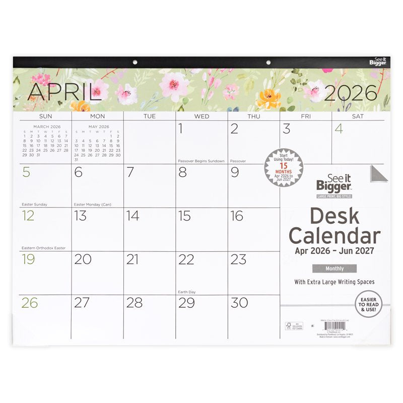 Large Floral Desk Pad Calendar 17x22 Inch 15-Month April 2026 - June 2027