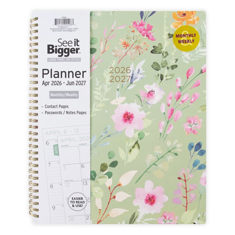 Large Floral Monthly Weekly Planner 15-Month Dated 9x11 Green Cover