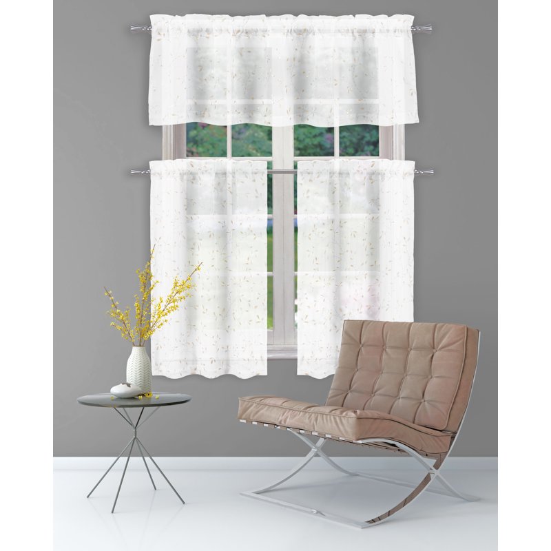 Sheer White Window Valance with Gold Metallic Botanical Design - Light Filter, 56in Wide