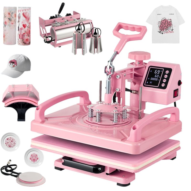 15x12 Inch Heat Press Machine for Sublimation T-Shirts Hats Mugs and Tumblers - 8-in-1 Pink