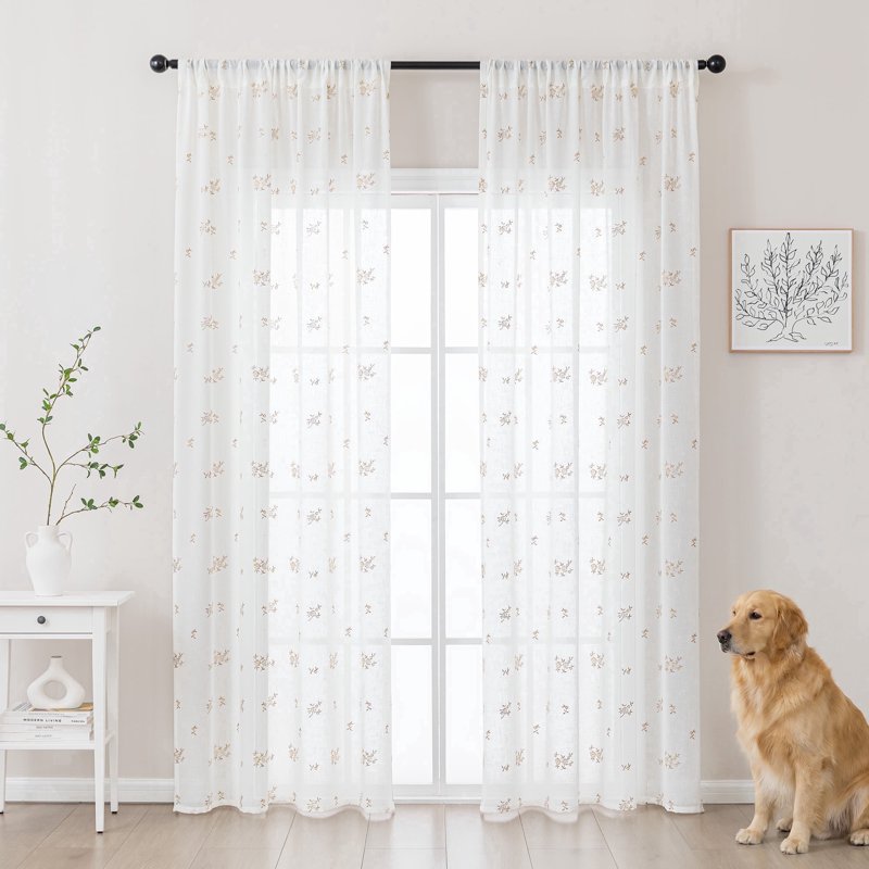Sheer Linen Curtain Set - Floral Embroidered Semi-Transparent Window Drapes