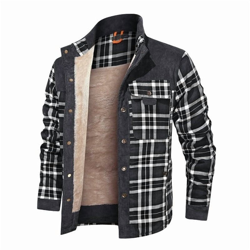 Men's Corduroy Plaid Sherpa Lined Flannel Shirt Jacket Coat – Gray, Size L