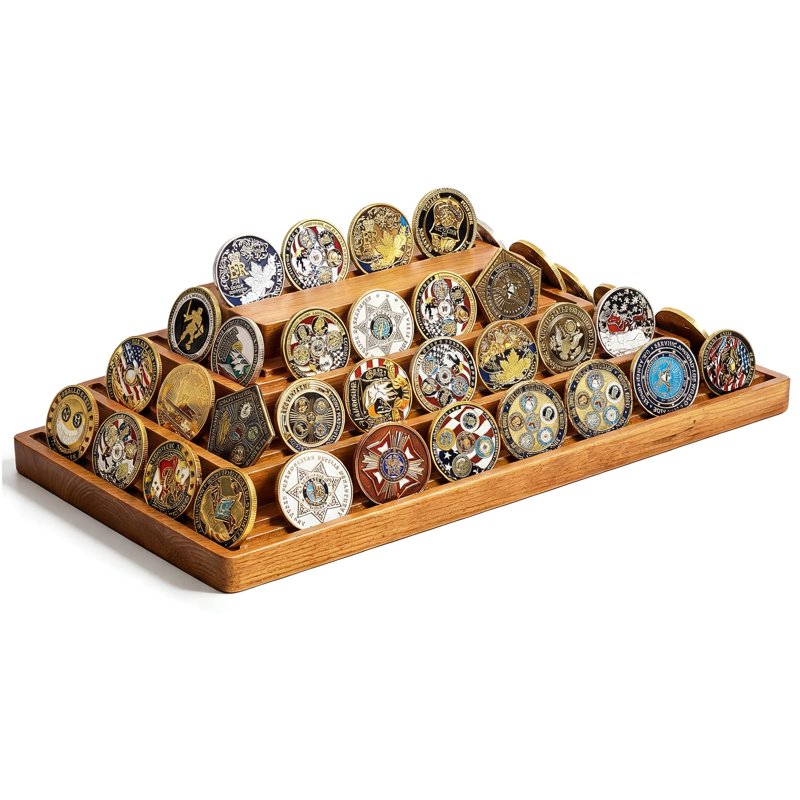 4-Tier Solid Wood Challenge Coin Display Stand - Walnut Collector's Organizer