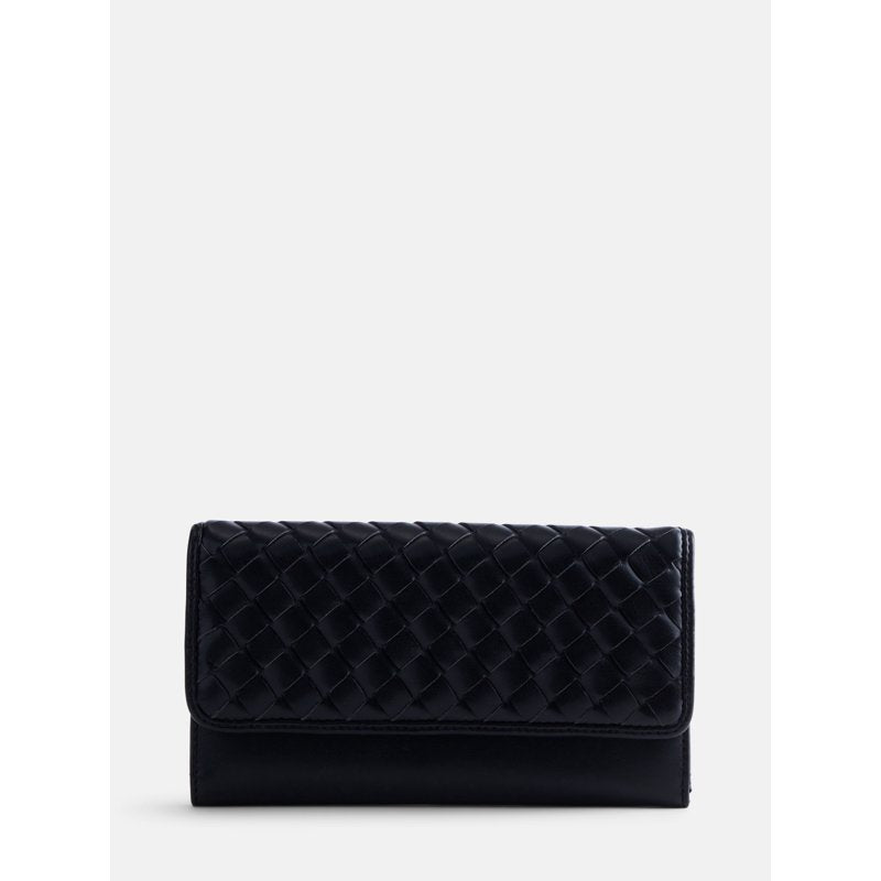 Women's Woven Faux Leather Clutch Wallet with Card Slots, Black