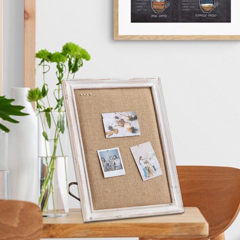 Small Desk Bulletin Board with Rustic White Frame & Linen Pin Surface - 12x16 Inches