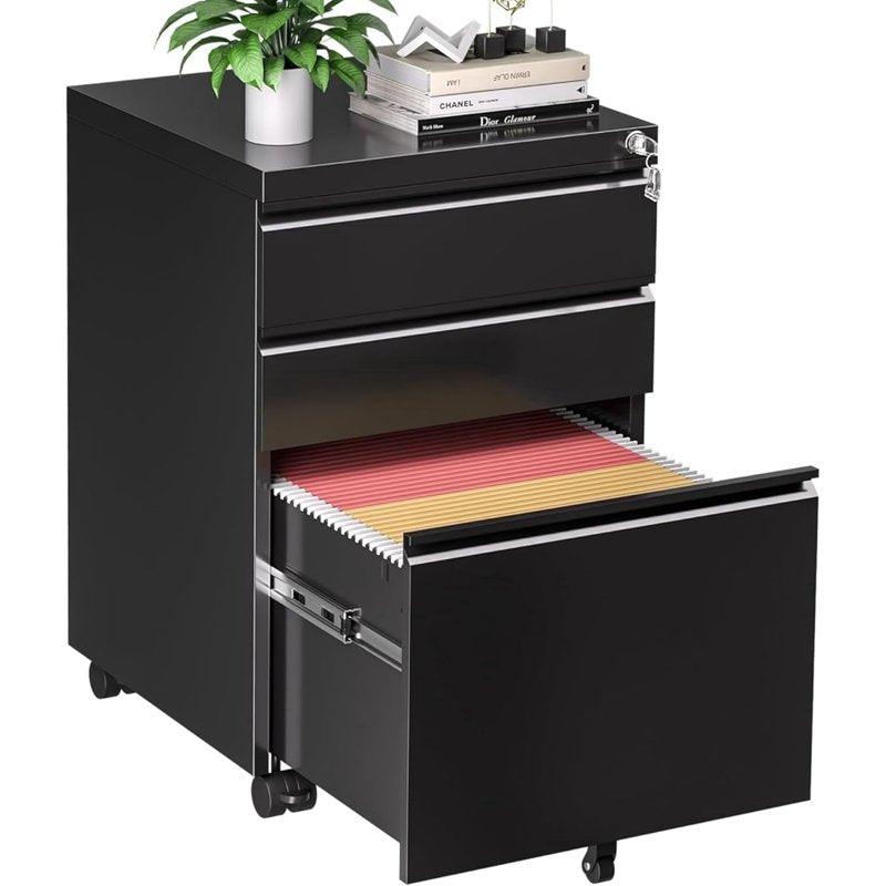 Mobile File Cabinet with Lock and Wheels - 3 Drawer Metal Storage for Office, Legal and Letter Sizes