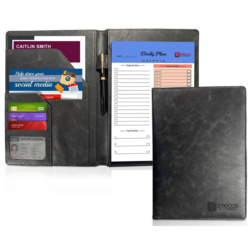 Leather Portfolio with Notepad and Card Slots - Black Professional Padfolio