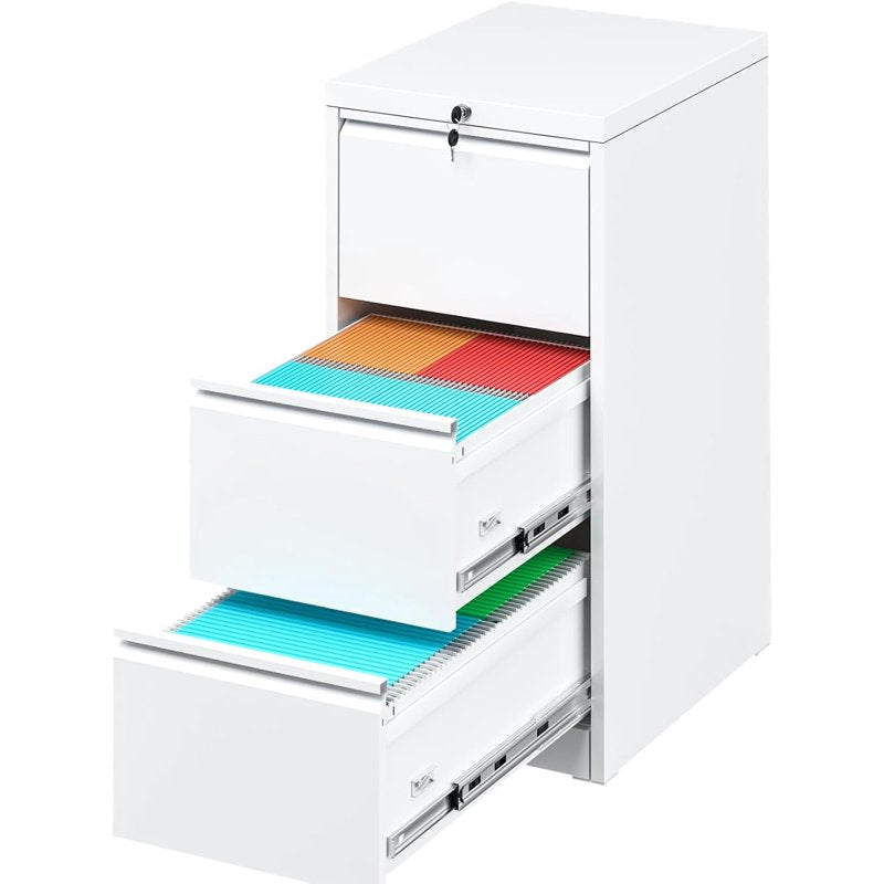Vertical Lockable Filing Cabinet with Adjustable Hanging Frames - White Metal Office Storage