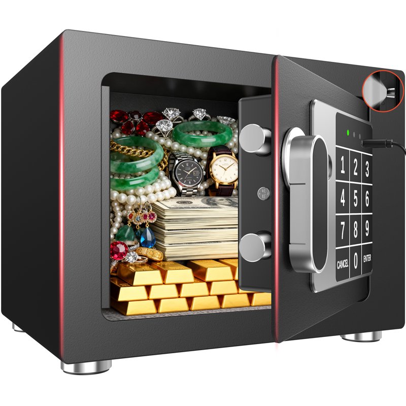 Secure Digital Safe Box with Keypad and USB-C - Reinforced Steel Home Office Security